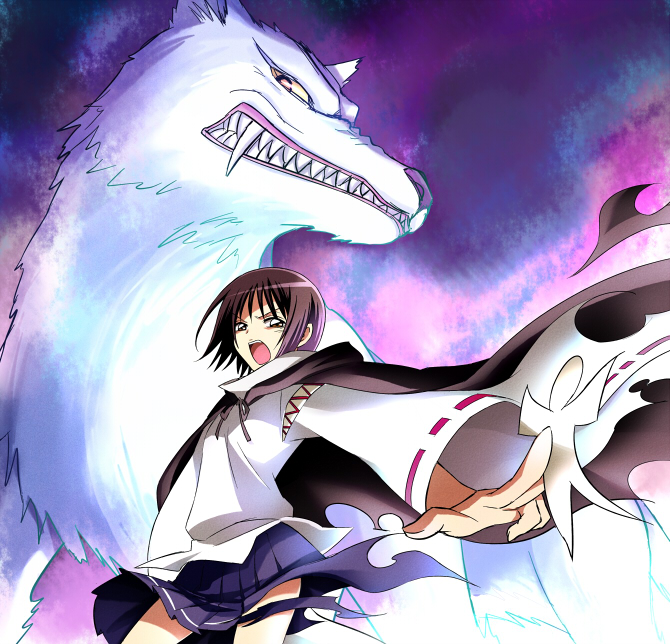 black_hair, blueness_(michikusakan), brown_eyes, cloak, fangs, keikain_yura, nurarihyon_no_mago, onmyouji, open_mouth, sharp_teeth, shikigami, short_hair, skirt, wolf