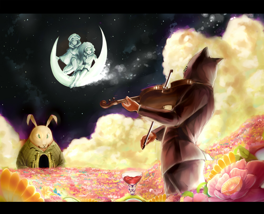 bow_(instrument), building, cloud, clouds, couple, crescent_moon, cup, fake_animal_ears, flower, flower_field, flying, fukumen_(violinist), inomoto_susuki, instrument, letterboxed, mask, minna_no_uta, minna_no_uta_(nhk), moon, perspective, playing_instrument, riding, sky, standing, star_(sky), starry_sky, tsuki_no_waltz, violin, wine_glass
