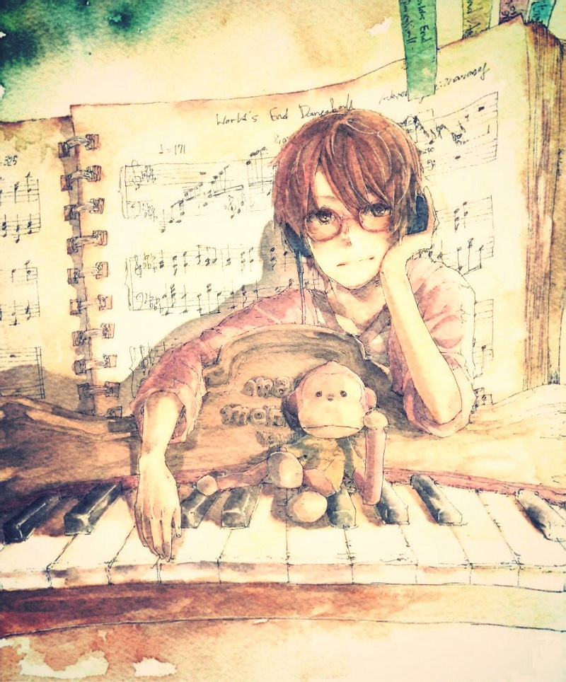 arm_support, binder, brown_hair, glasses, hand_on_headphones, headphones, instrument, keyboard_(instrument)
