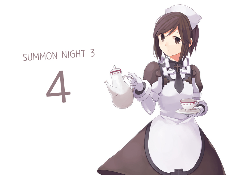 brown_eyes, brown_hair, cross, cunnon, cup, gloves, maid, maid_headdress