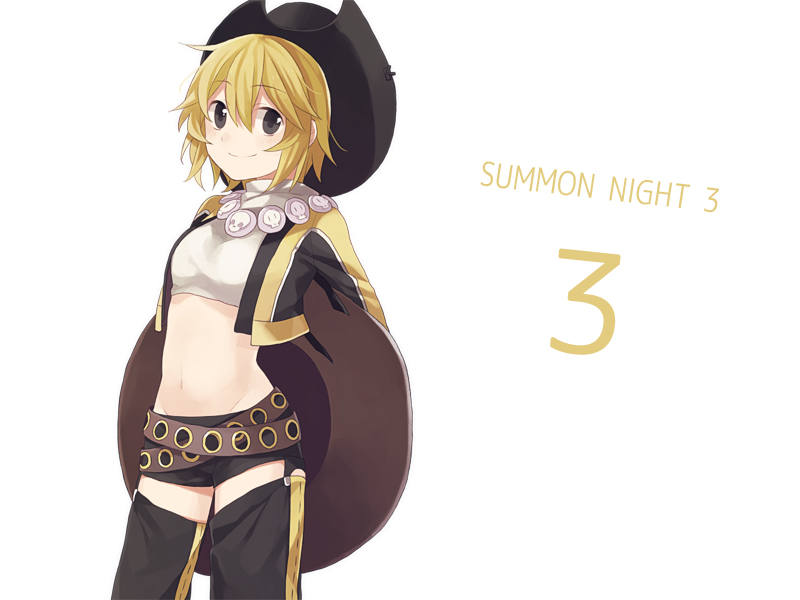 beltskirt, black_eyes, blonde_hair, cowboy_hat, hat, looking_at_viewer, midriff, navel