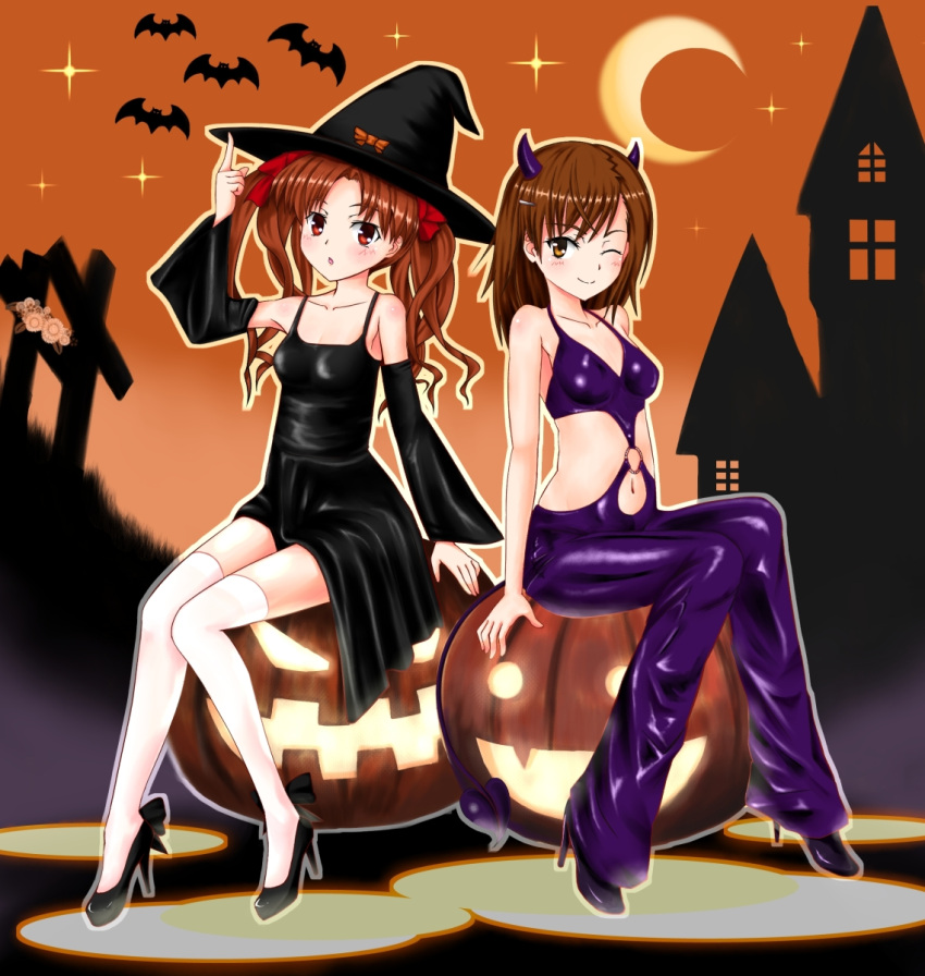 bat, blush, brown_eyes, brown_hair, crescent_moon, detached_sleeves, dress, halloween