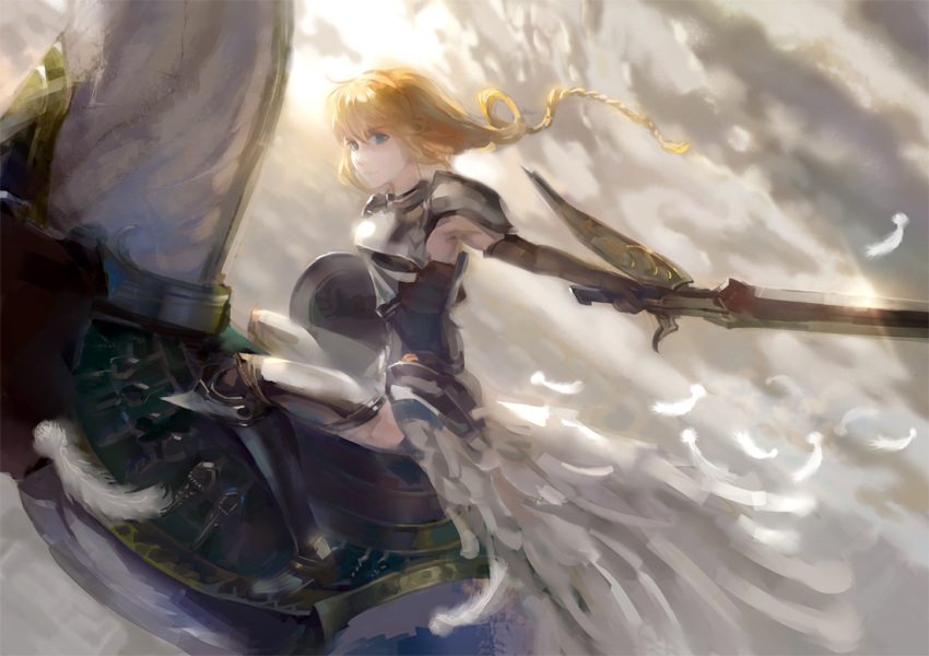 armor, armpits, blonde_hair, blue_eyes, braid, cloud, clouds, cosplay