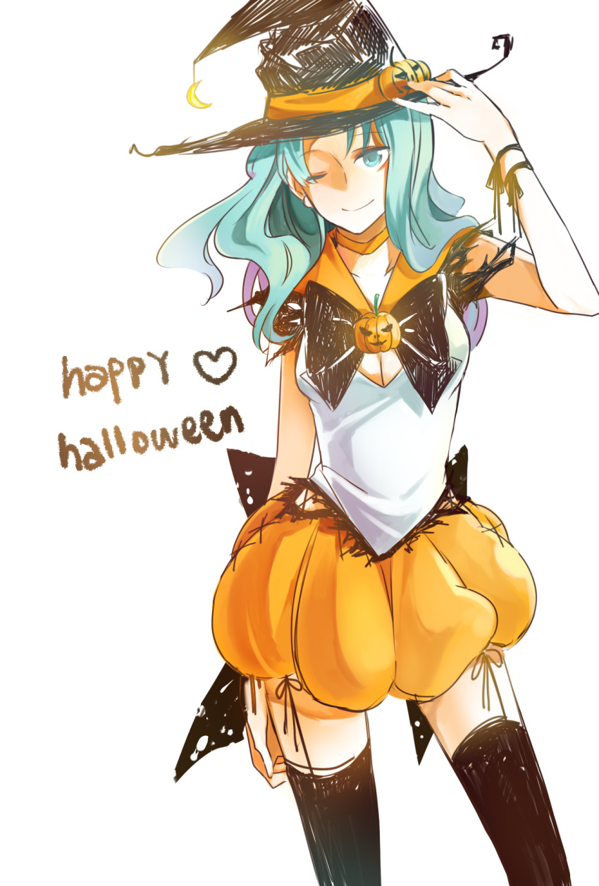 alternate_costume, aqua_eyes, aqua_hair, bishoujo_senshi_sailor_moon, black_legwear, bow, breasts, bubble_skirt, choker, cleavage, dress, halloween, happy_halloween, hat, highres, jack-o'-lantern, jack-o'-lantern, kaiou_michiru, kazhi, orange_dress, pumpkin, ribbon, sailor_collar, sailor_senshi_(cosplay), short_hair, smile, solo, thigh-highs, thighhighs, white_background, wink, witch_hat