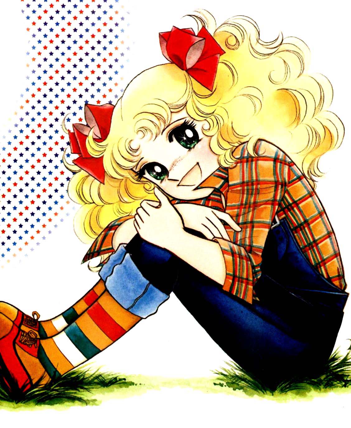 70s, artist_request, blonde_hair, bow, candice_white_ardlay, candy_candy, grass, green_eyes