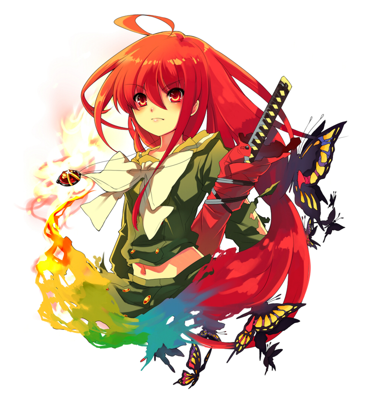 butterfly, fire, jewelry, long_hair, navel, necklace, red_eyes, red_hair