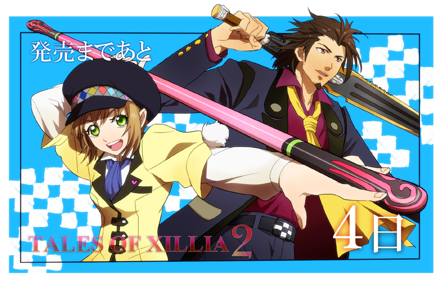 1girl, alvin_(tales_of_xillia), beard, blue_background, brown_eyes, brown_hair, facial_hair, formal