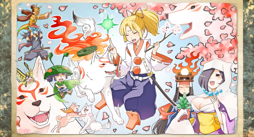 amaterasu, blonde_hair, brush, cape, chibiterasu, closed_eyes, eyes_closed, hat