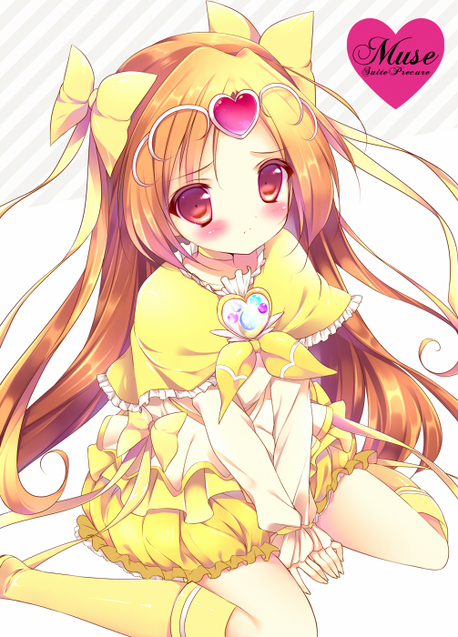 blonde_hair, blush, bow, bubble_skirt, capelet, character_name, cure_muse, cure_muse_(yellow)