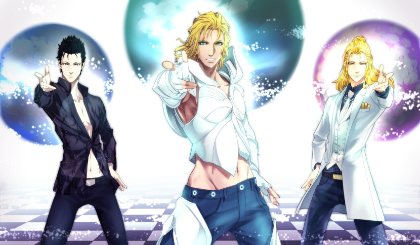 3boys, armor, black_hair, blonde_hair, blue_eyes, character_request, el_shaddai, enoch, formal, highres, ichikawa_ryuunosuke, lucifel_(el_shaddai), male, michael_(el_shaddai), midriff, multiple_boys, navel, necktie, outstretched_hand, parted_lips, smile, standing, suit, yellow_eyes