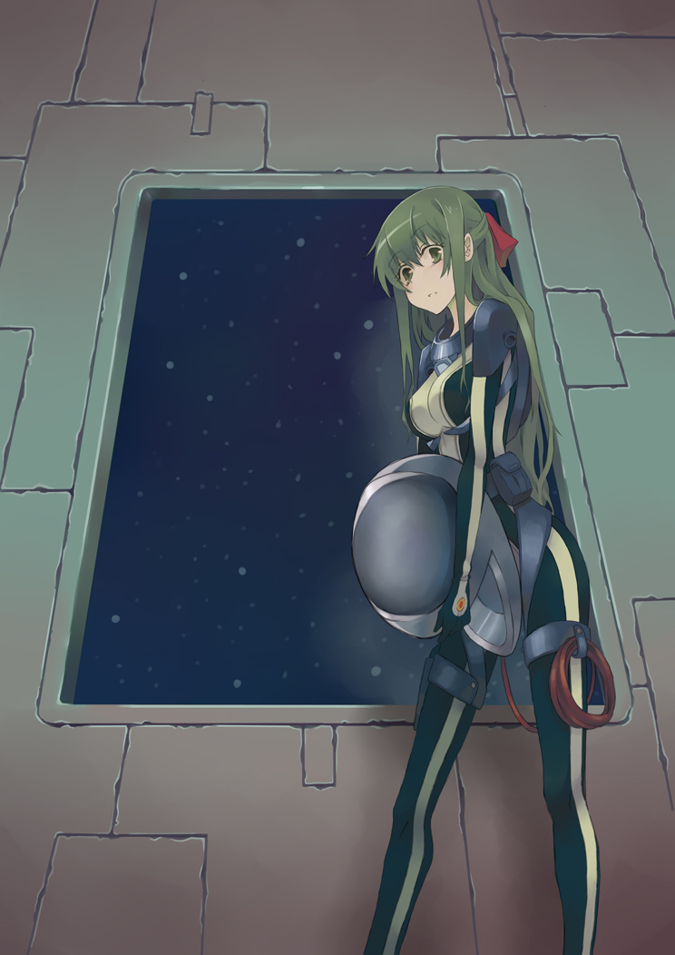 astronaut, bodysuit, gloves, green_eyes, green_hair, hair_ribbon, helmet, long_hair, looking_at_viewer, open_mouth, original, ribbon, skin_tight, solo, spacesuit, tenugui_(hai247), tenugui_(pixiv1051303)