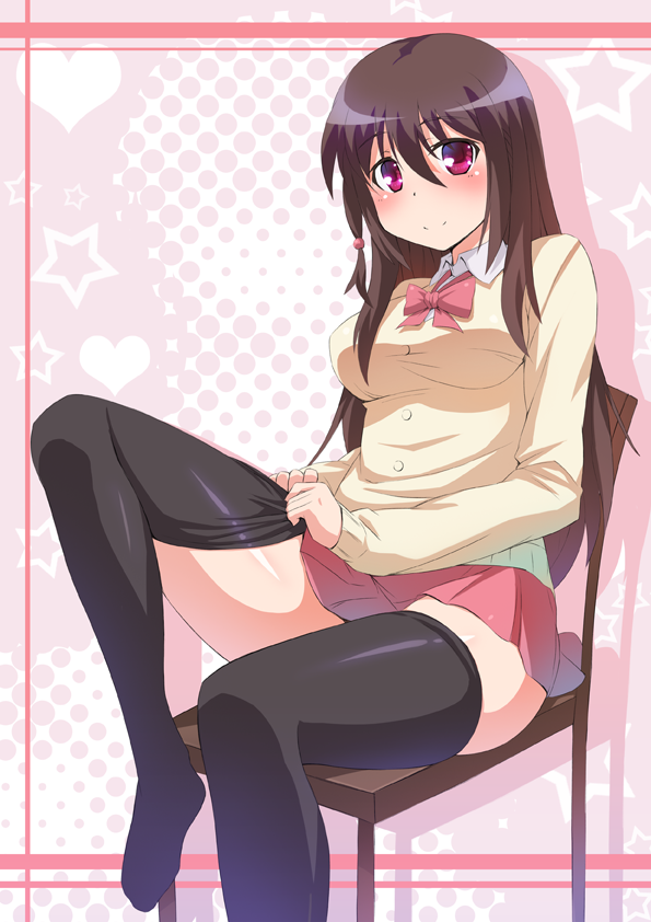 black_legwear, bowtie, brown_hair, cardigan, chair, dressing, hair_beads, hokuto_shinken