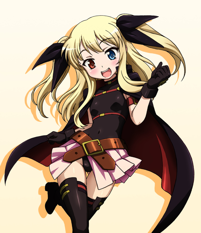 baron_(baron-eros), belt, black_gloves, black_legwear, black_panties, blonde_hair, blush, boku_wa_tomodachi_ga_sukunai, cape, cosplay, fate_testarossa, fate_testarossa_(cosplay), gloves, hair_ribbon, hasegawa_kobato, heterochromia, highres, lyrical_nanoha, mahou_shoujo_lyrical_nanoha, open_mouth, panties, ribbon, see-through_silhouette, skirt, thigh-highs, thighhighs, twintails, underwear