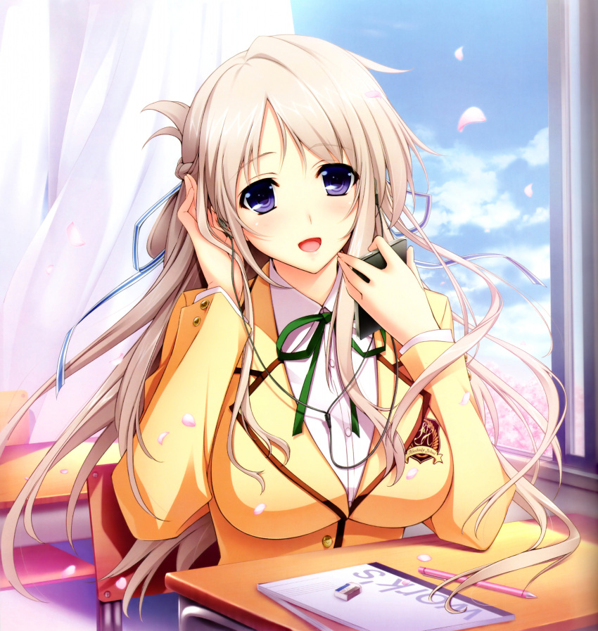 :d, absurdres, breasts, brown_hair, cherry_blossoms, cloud, curtains, desk