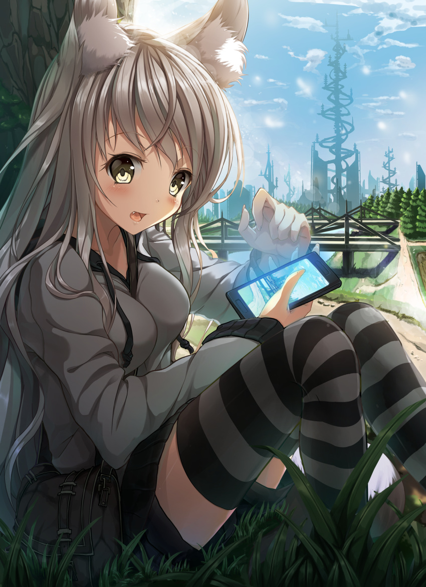 :d, animal_ears, bag, blush, breasts, cellphone, fang, fox_ears