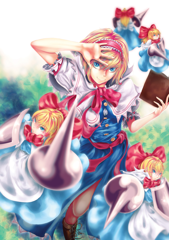 alice_margatroid, blonde_hair, blue_eyes, blurry, book, boots, capelet, chan8191