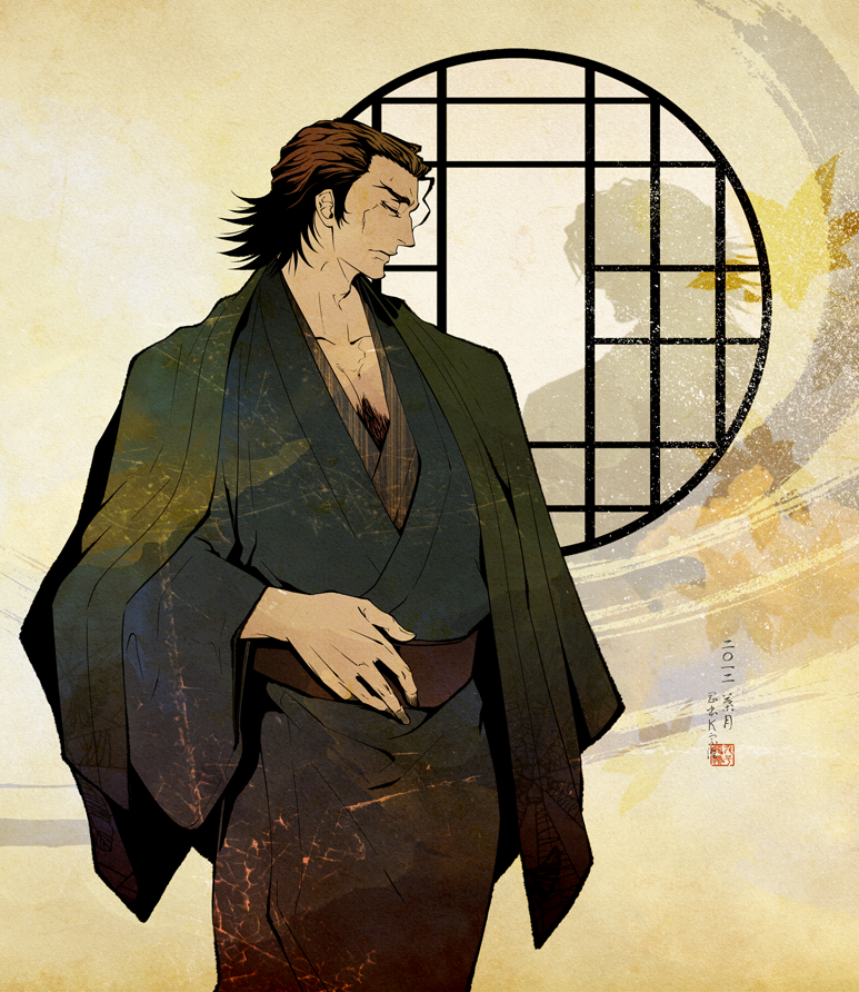 antonio_lopez, brown_hair, chest_hair, haori, japanese_clothes, kimono, okamoto_k_munesumi, solo