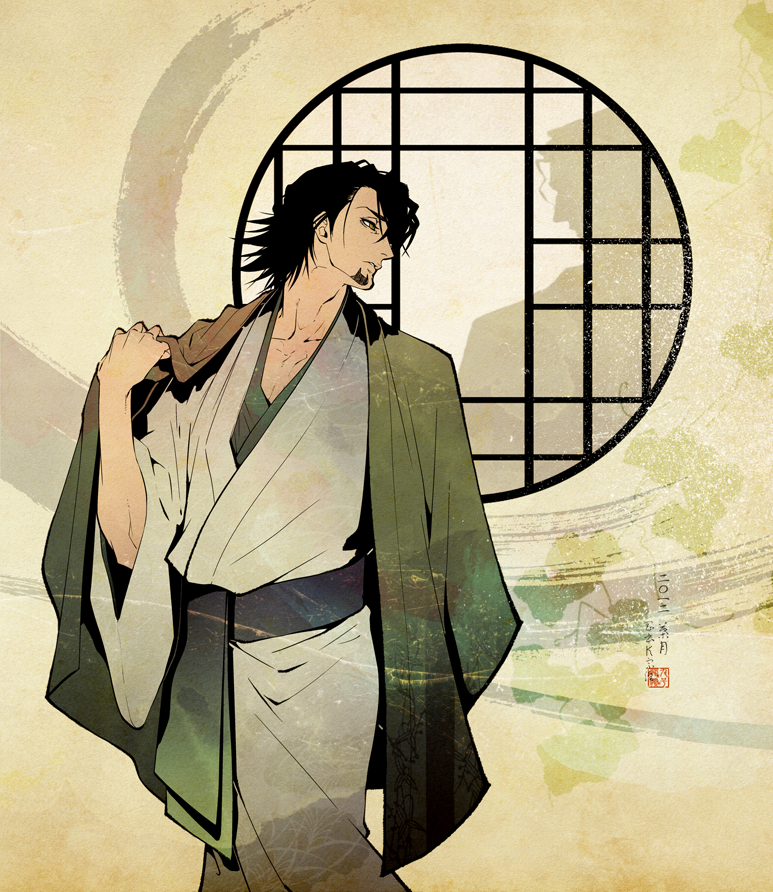 black_hair, brown_eyes, facial_hair, haori, japanese_clothes, kaburagi_t_kotetsu, kimono, okamoto_k_munesumi, solo, stubble, tiger_&amp;_bunny