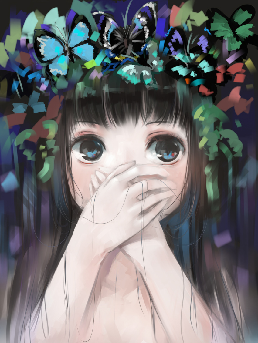 black_hair, blue_eyes, blush, butterfly, covering_mouth, hair, highres, long_hair