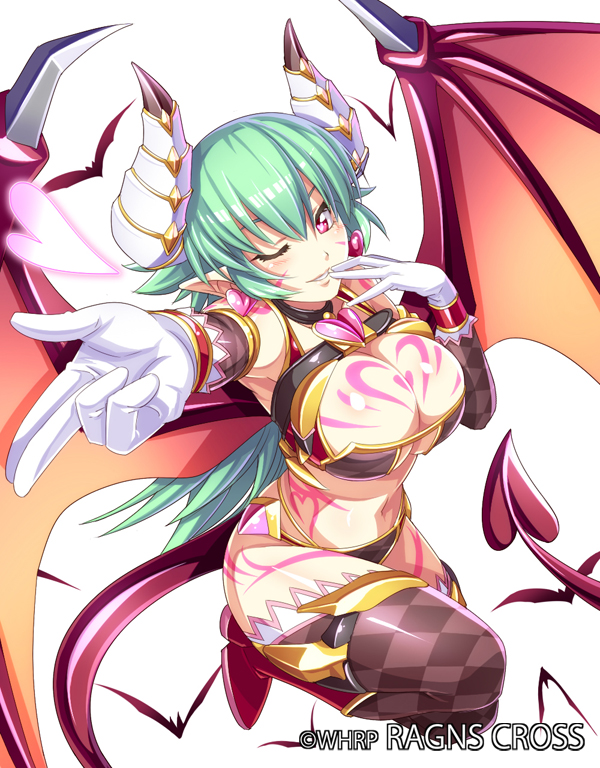 bat, blush, boots, breasts, character_request, choker, cleavage, demon_girl, demon_tail, demon_wings, detached_sleeves, earrings, foreshortening, gloves, heart, heart_earrings, horns, jewelry, keible, large_breasts, long_hair, midriff, navel, official_art, ragna_cross, simple_background, solo, tail, tattoo, thigh-highs, thighhighs, white_background, white_gloves, wings, wink