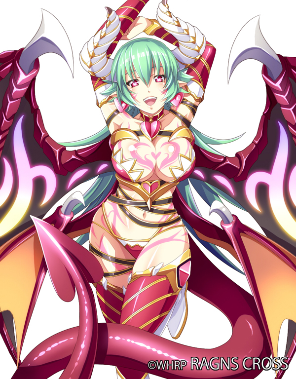armpits, arms_behind_head, arms_up, breasts, character_request, choker, cleavage, collarbone, demon_girl, demon_tail, demon_wings, detached_sleeves, earrings, heart, heart_earrings, horns, jewelry, keible, large_breasts, long_hair, midriff, navel, official_art, open_mouth, ragna_cross, simple_background, solo, tail, tattoo, thigh-highs, thighhighs, white_background, wings