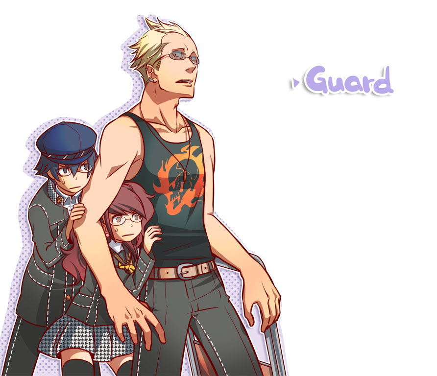1boy, 2girls, androgynous, blonde_hair, blue_eyes, blue_hair, brown_eyes, brown_hair, cabbie_hat, choumoku_(toriko_b_c), earrings, english, folding_chair, glasses, hat, hiding, jewelry, kujikawa_rise, multiple_girls, persona, persona_4, piercing, reverse_trap, scar, school_uniform, shirogane_naoto, short_hair, simple_background, sweatdrop, tatsumi_kanji, text