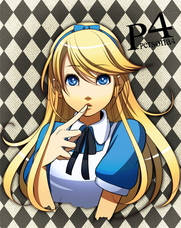 alice_(wonderland), alice_(wonderland)_(cosplay), alice_in_wonderland, apron, blonde_hair, blue_eyes, bust, choumoku_(toriko_b_c), cosplay, crossdressinging, dress, finger_on_lips, hairband, kuma_(persona_4), long_hair, looking_at_viewer, patterned_background, persona, persona_4, solo, title_drop, trap