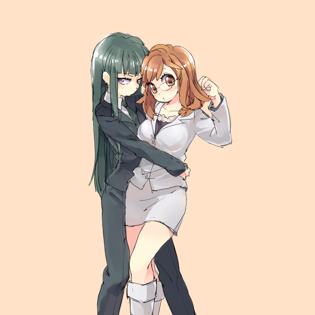 androgynous, arm_around_waist, arm_up, black_hair, brown_eyes, brown_hair, darker_than_black, formal, glasses, hazuki_mina_(darker_than_black), multiple_girls, necktie, purple_eyes, reverse_trap, sawasaki_youko, simple_background, skirt, suit, violet_eyes, yuri
