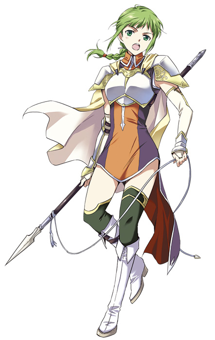 agahari, armor, boots, braid, cape, fire_emblem, fire_emblem:_seima_no_kouseki, green_eyes, green_hair, open_mouth, polearm, shoulder_pads, spear, thigh-highs, thighhighs, vanessa_(fire_emblem), weapon