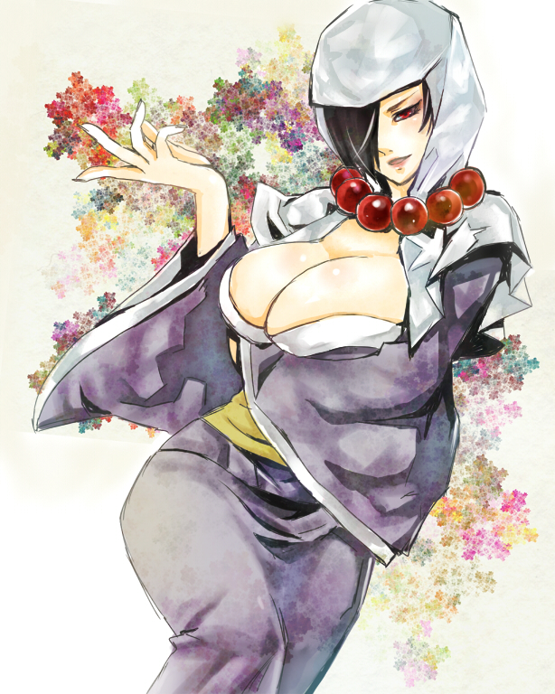 aura, beads, black_hair, breast_hold, breasts, cleavage, floral_background, hair_over_one_eye, hood, japanese_clothes, jewelry, large_breasts, necklace, ookami_(game), parted_lips, prayer_beads, rao, solo, umeharu