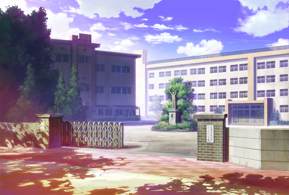 cloud, clouds, gate, no_humans, original, saitama_(nrh49840), scenery, school