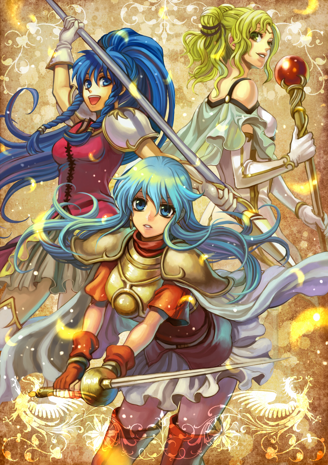 aqua_hair, armor, bare_shoulders, blue_eyes, blue_hair, boots, braid, cape