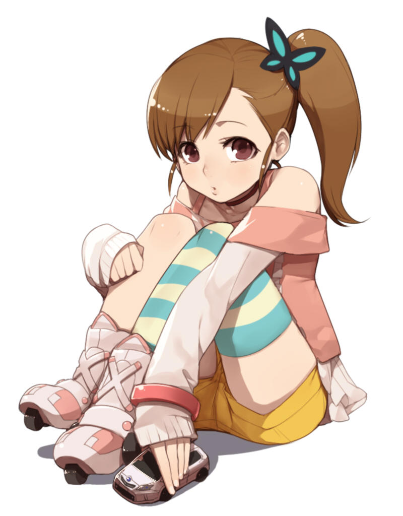 bare_shoulders, brown_eyes, brown_hair, butterfly_hair_ornament, choker, chousoku_henkei_gyrozetter, hair_ornament, hitoto