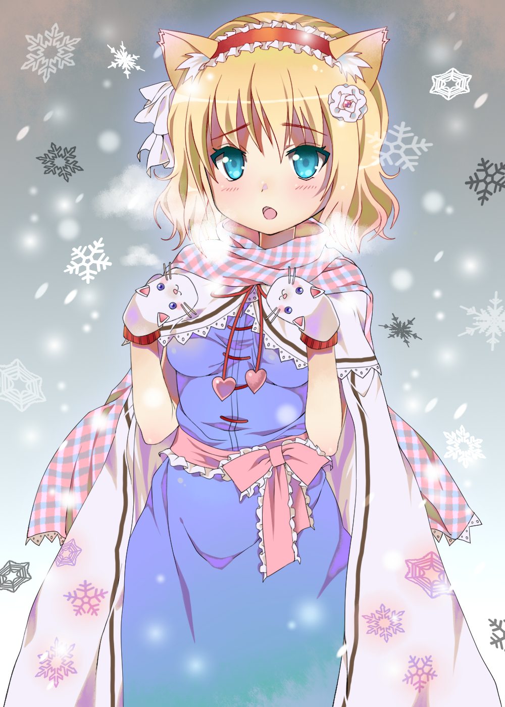 :o, adapted_costume, alice_margatroid, animal_ears, blonde_hair, blue_dress, blue_eyes, blush