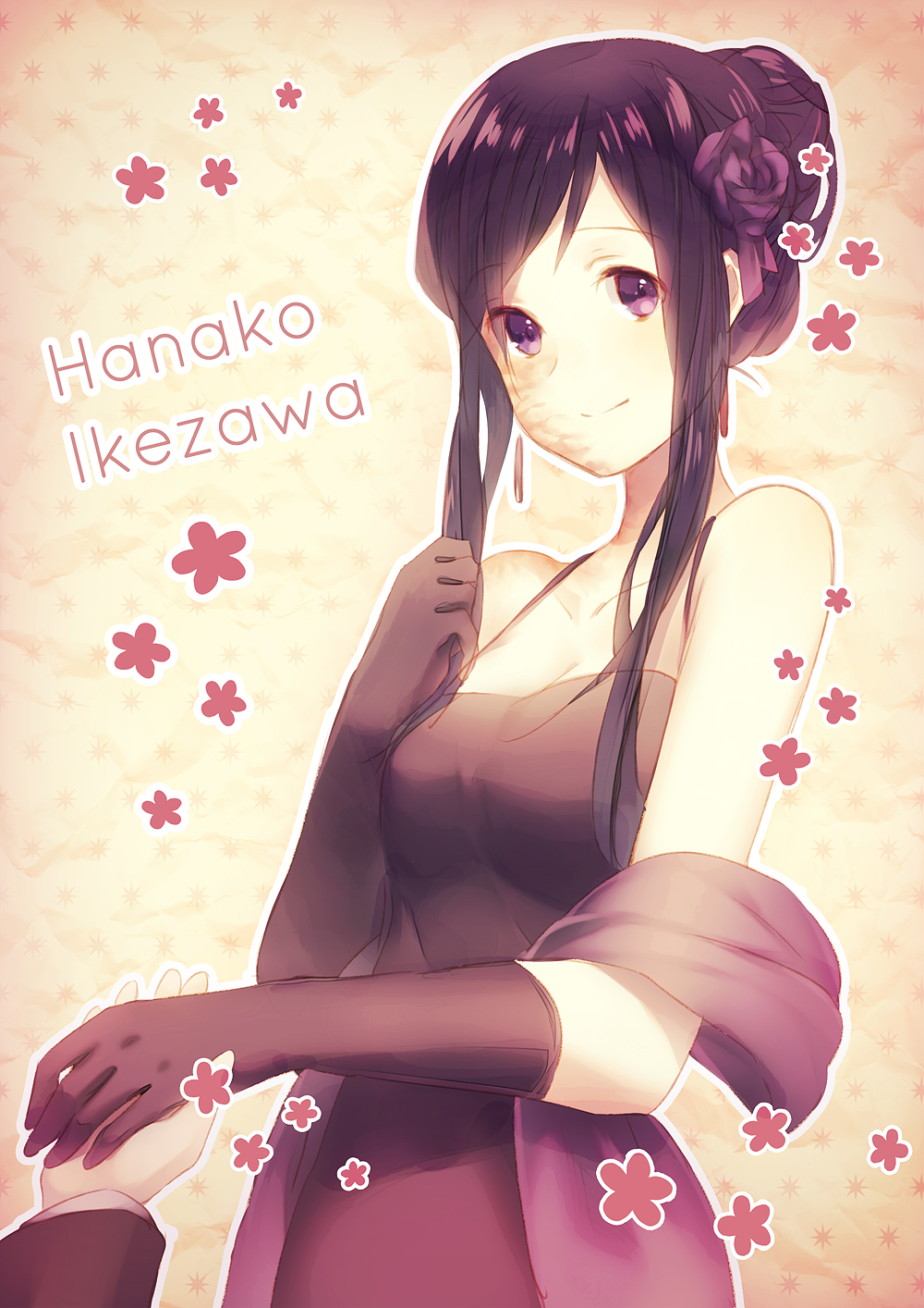 alternate_costume, alternate_hairstyle, bangs, bare_shoulders, burn_mark, character_name, dress, floral_background, flower, formal, gloves, hair_bun, hair_flower, hair_ornament, hair_up, highres, holding_hands, ikezawa_hanako, katawa_shoujo, long_hair, long_sleeves, looking_at_viewer, outline, purple_eyes, purple_hair, scar, shawl, sleeveless, smile, swept_bangs, violet_eyes, weee_(raemz)