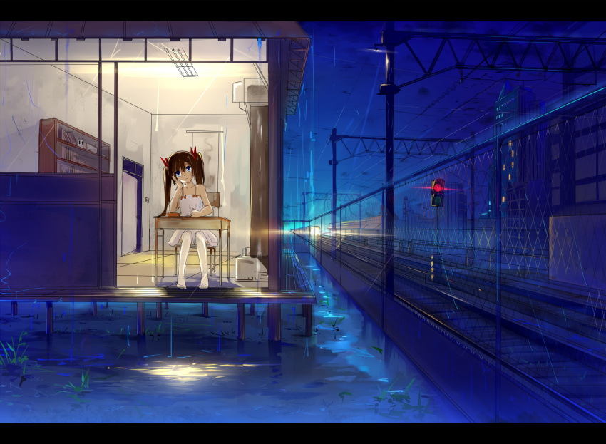 baisi_shaonian, blue_eyes, book, bookshelf, brown_hair, building, fence, grass, haraguroi_you, highres, house, letterboxed, long_hair, night, original, railroad_signal, railroad_tracks, rain, ribbon, solo, table, traffic_light, twintails