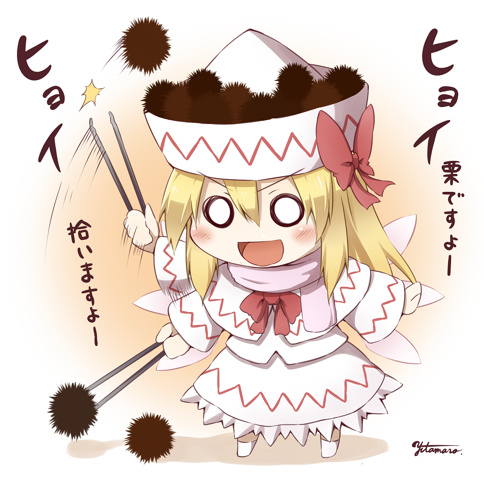 :d, blonde_hair, blush, bow, capelet, chestnut, chibi, fairy