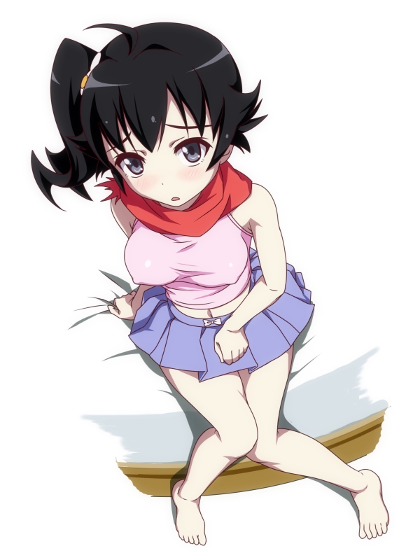 araragi_karen, ascot, barefoot, black_eyes, black_hair, casual, erect_nipples, from_above, long_hair, monogatari_(series), nisemonogatari, ookanehira, side_ponytail, sitting, skirt, sleeveless