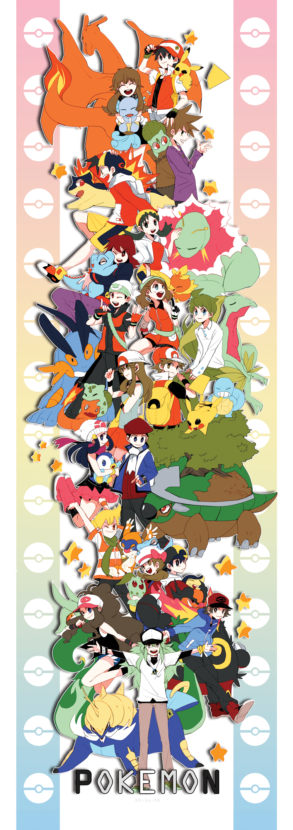 6+girls, absurdres, baseball_cap, blue_(pokemon), blue_(pokemon)_(classic), bulbasaur, charizard, charmander