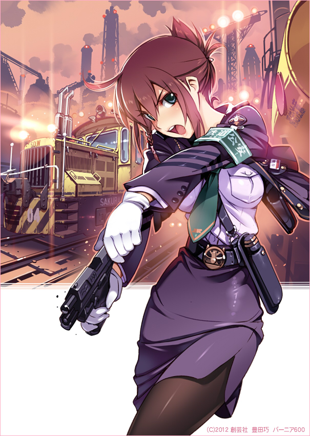 armband, black_legwear, blush, border, brown_hair, gloves, green_eyes, gun