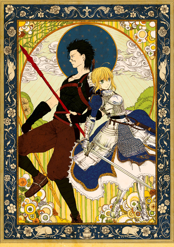 1girl, ahoge, armor, armored_dress, black_hair, blonde_hair, dress, fate/zero