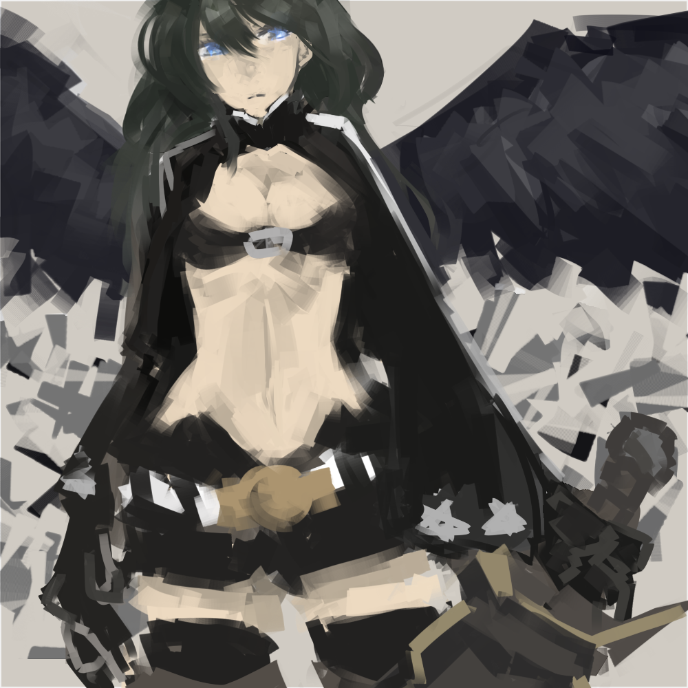 1girl, belt, bikini_top, black_gold_saw, black_gold_saw_(cosplay), black_hair, black_rock_shooter, black_wings, blue_eyes, chibibro, cosplay, fire_emblem, fire_emblem:_akatsuki_no_megami, jacket, long_hair, midriff, navel, short_shorts, shorts, solo, sword, thigh-highs, thighhighs, vika, weapon, wings