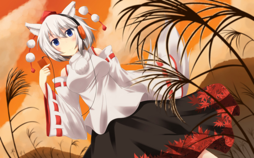 animal_ears, blue_eyes, blush, detached_sleeves, digital_media_player, dress, hat, headphones