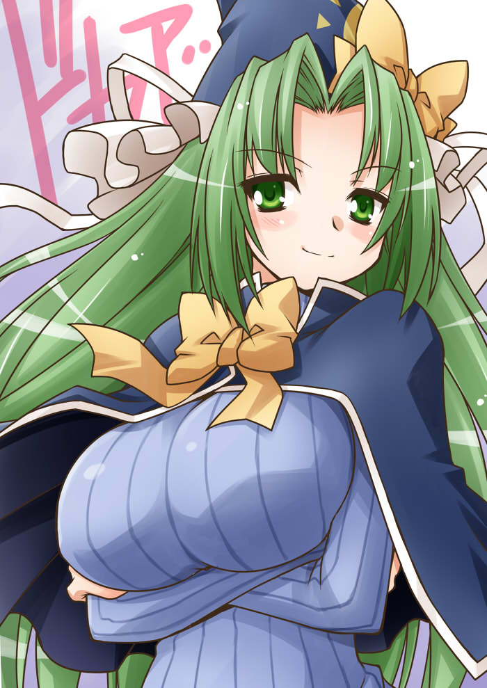 akou_roushi, blush, bow, breasts, cape, crossed_arms, green_eyes, green_hair, hat, hat_bow, huge_breasts, large_breasts, long_hair, looking_at_viewer, mima, ribbed_sweater, smile, smug, solo, sweater, touhou, touhou_(pc-98)