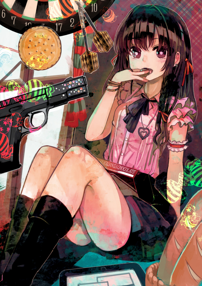 black_hair, blush, chocolate, dart, dartboard, gun, hair_ribbon, handgun