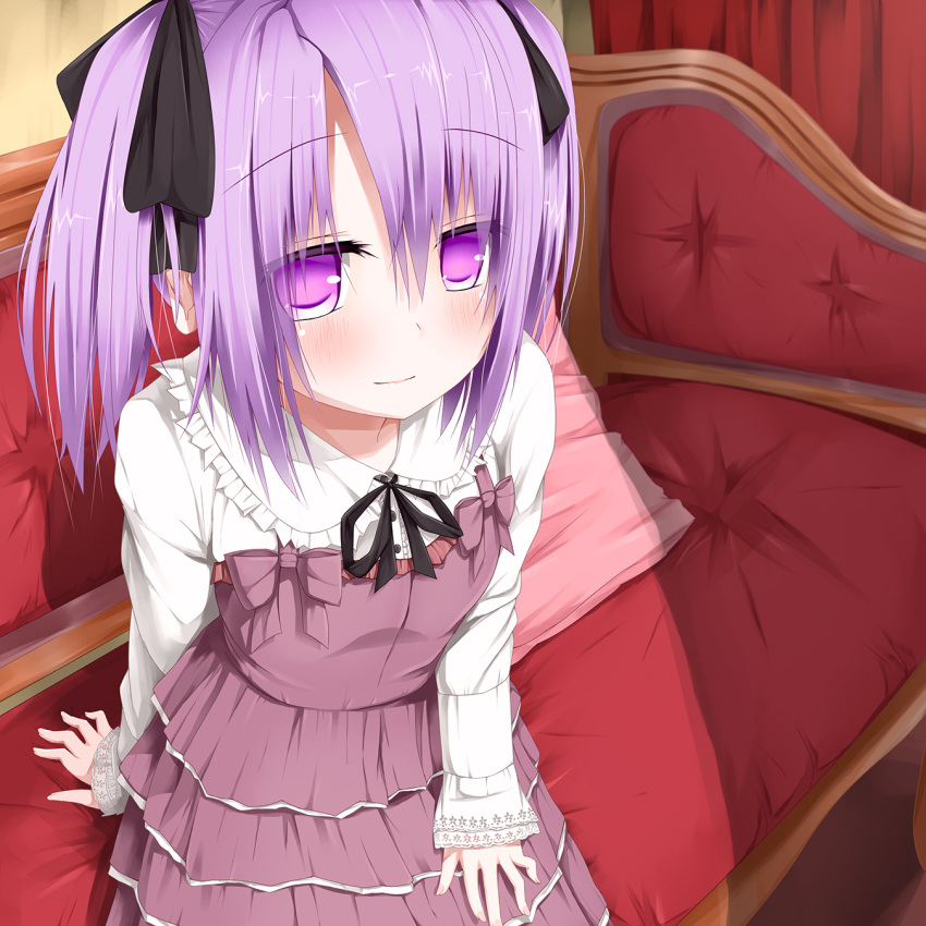 blush, couch, dress, frills, hair_ribbon, highres, original, pillow, purple_eyes, purple_hair, ribbon, sitting, smile, solo, sunlight, toguro_(ojui0101), twintails, violet_eyes