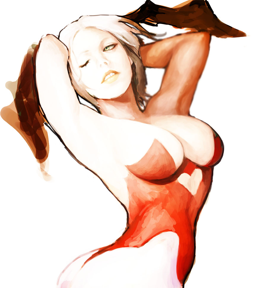armpits, blurry, breasts, depth_of_field, head_wings, heart, lilith_aensland, looking_away, monochrome, nareuk, parted_lips, realistic, short_hair, solo, teenage, teeth, vampire_(game), wink