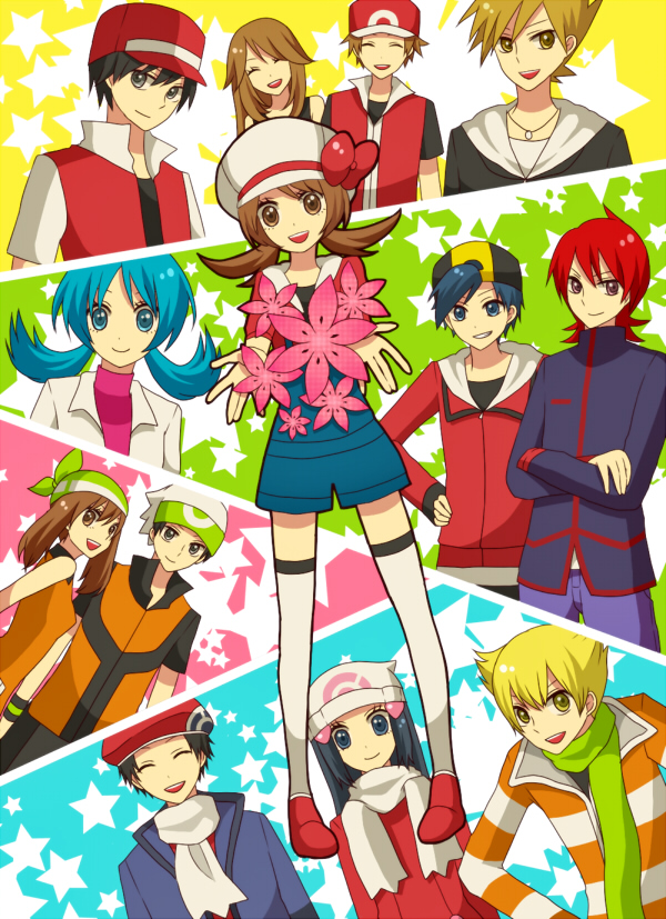 blue_(pokemon), crystal_(pokemon), dual_persona, full_body, gold_(pokemon), haruka_(pokemon), hikari_(pokemon), hikari_(pokemon)_(remake)