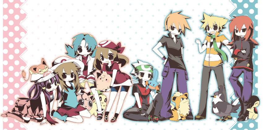 4girls, blue_(pokemon), chikorita, cleffa, crystal_(pokemon), cyndaquil, full_body, growlithe