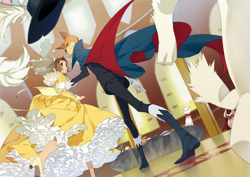 boots, brown_hair, cape, cat, cat_ears, crown, dress, furry